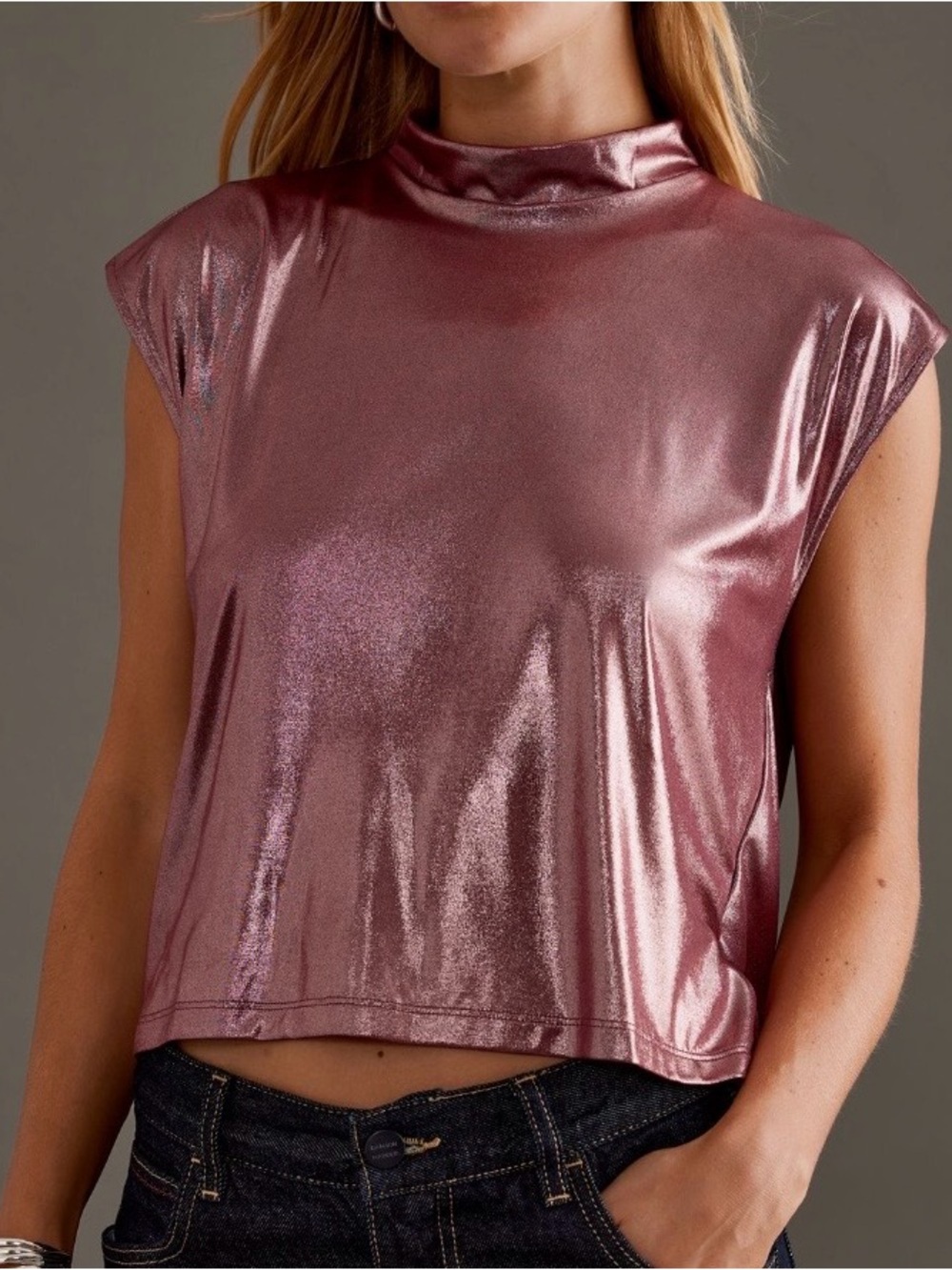 Metallic Pink High-Neck Cap Miscle Sleeve Top NWT Size Small